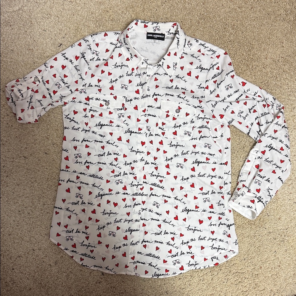 Karl Lagerfeld White Button-Up Shirt with Red Heart Print